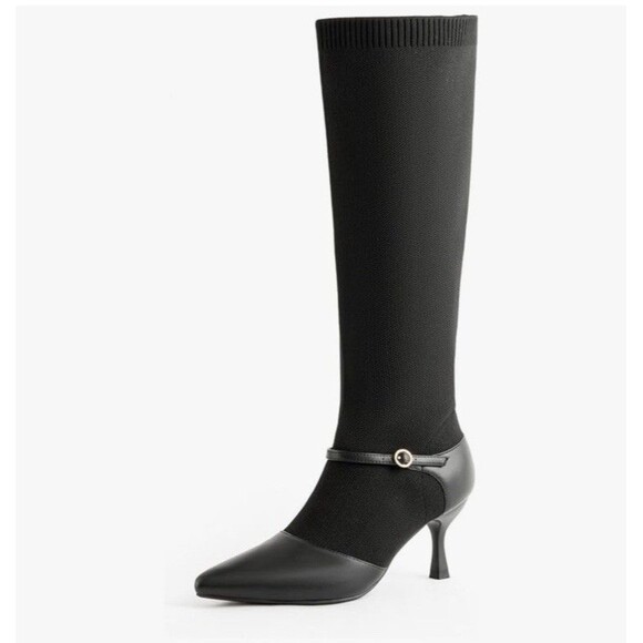 Shoes - Kitten Heel Knee High Boots for Women Stretchy Knit Sock Booties Knee Sz 6 Black